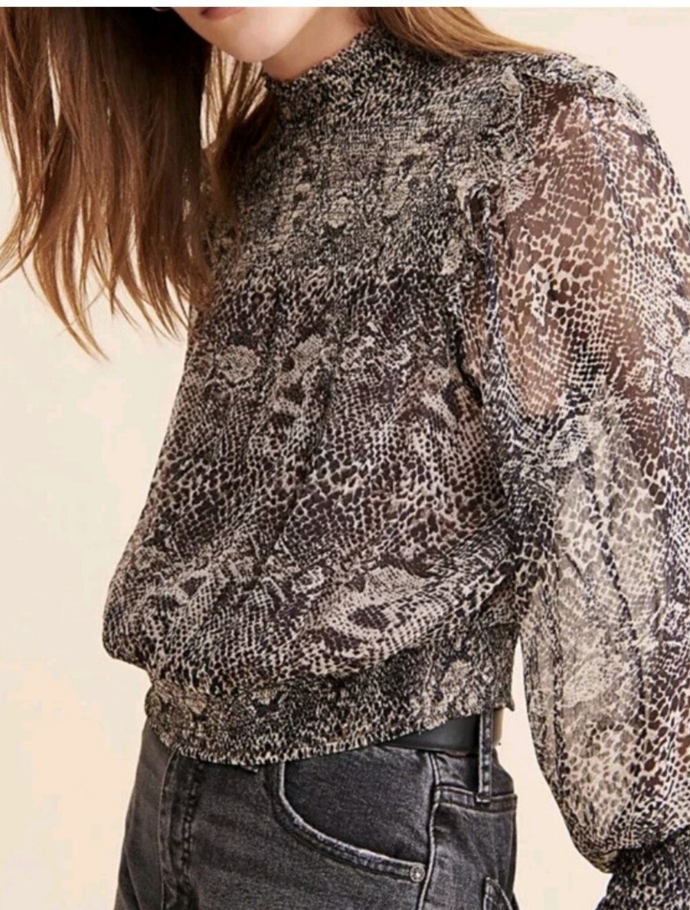 Free People Roma Blouse Snake Print High Neck Silhouette Ruffle Detail Sz Small - Picture 2 of 10